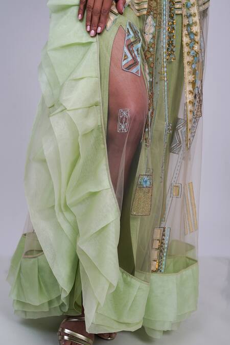 Geisha Designs Green Embroidered Melody Flared Ruffle Gown at Aza Fashions Geisha Designs_Green Embroidered Melody Flared Ruffle Gown _at_Aza_Fashions