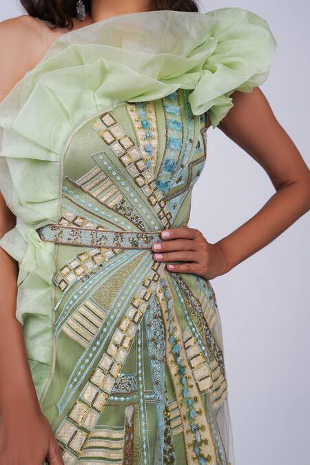 Buy Geisha Designs Green Embroidered Melody Flared Ruffle Gown Buy_Geisha Designs_Green Embroidered Melody Flared Ruffle Gown