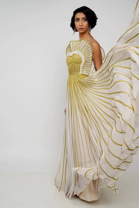 Buy_Geisha Designs_Green Round Laurel Braided Flared Gown  _Online_at_Aza_Fashions