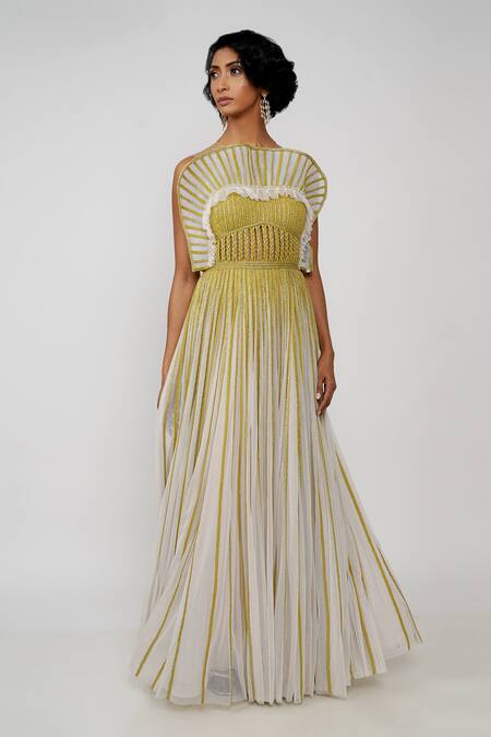 Shop_Geisha Designs_Green Round Laurel Braided Flared Gown  _Online_at_Aza_Fashions