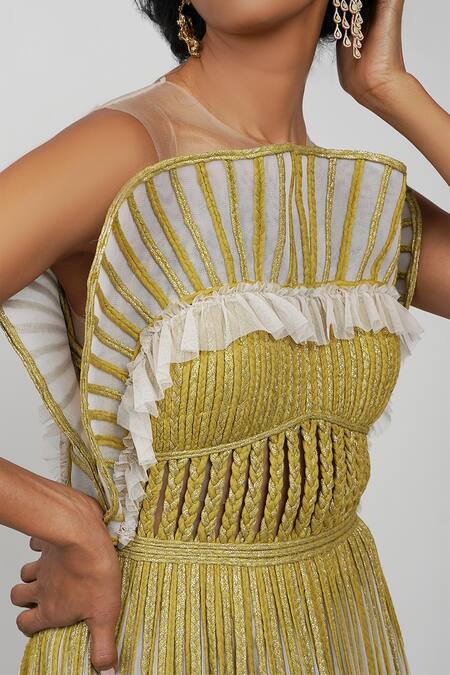 Geisha Designs_Green Round Laurel Braided Flared Gown  _at_Aza_Fashions