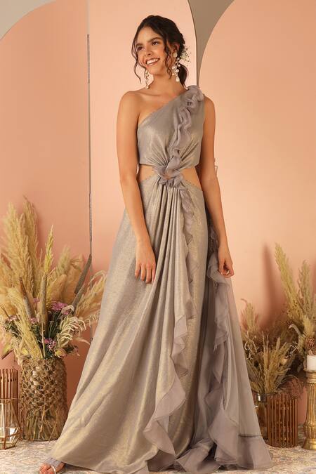 Geisha Designs Grey Polyester Asymmetric Ira One Shoulder Ruffle Gown Online at Aza Fashions Geisha Designs_Grey Polyester Asymmetric Ira One Shoulder Ruffle Gown _Online_at_Aza_Fashions
