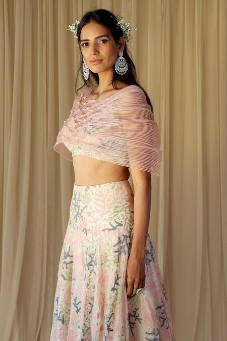 Geisha Designs Pink Silk And Nylon Embroidery Thread & Sequin V Neck Shrug Lehenga Set Online at Aza Fashions Geisha Designs_Pink Silk And Nylon Embroidery Thread & Sequin V Neck Shrug Lehenga Set _Online_at_Aza_Fashions