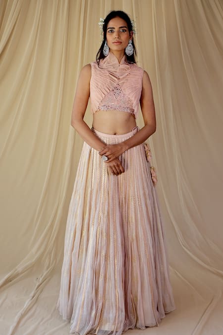 Geisha Designs Pink Embroidered Lehenga Set