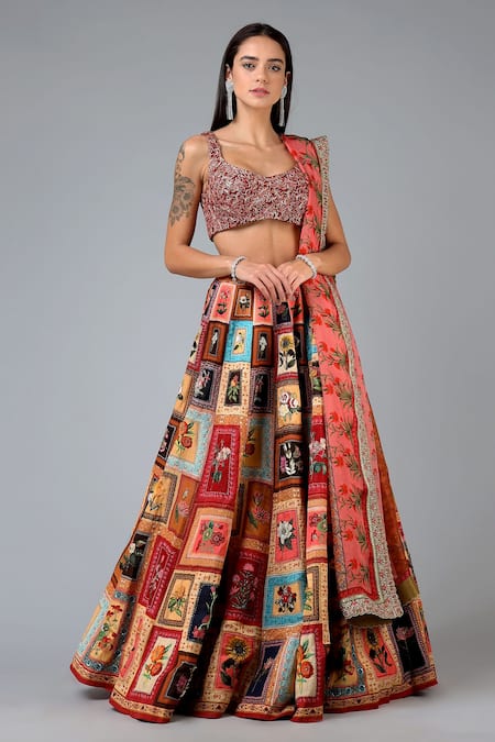 Geisha Designs Red Viscose And Organza Cutdana & Thread Round Embroidered Lehenga Set