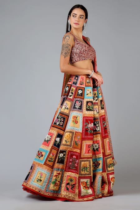 Geisha Designs_Red Viscose And Organza Cutdana & Thread Round Embroidered Lehenga Set _Online_at_Aza_Fashions