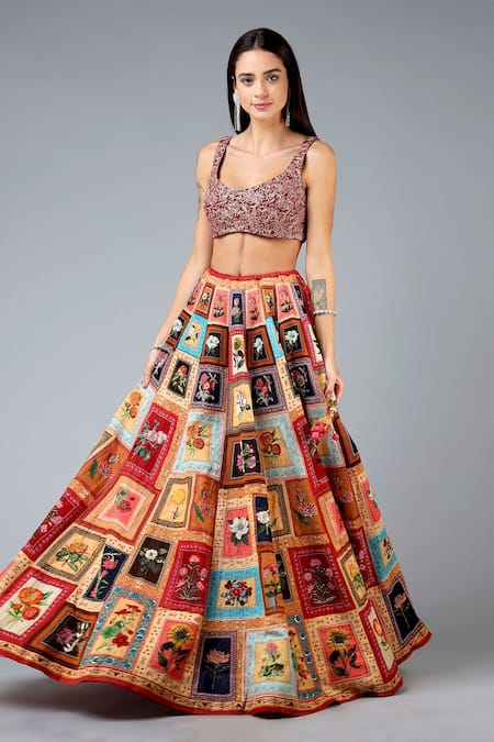 Buy_Geisha Designs_Red Viscose And Organza Cutdana & Thread Round Embroidered Lehenga Set _Online_at_Aza_Fashions