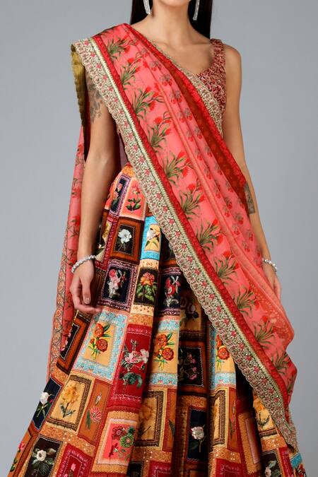 Shop_Geisha Designs_Red Viscose And Organza Cutdana & Thread Round Embroidered Lehenga Set _Online_at_Aza_Fashions