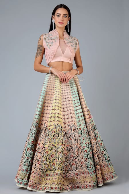 Geisha Designs Peach Viscose Embroidery Sequin And Thread Round Lehenga Set