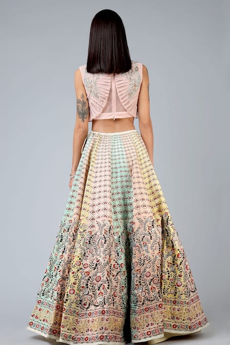 Shop Geisha Designs Peach Viscose Embroidery Sequin And Thread Round Lehenga Set at Aza Fashions Shop_Geisha Designs_Peach Viscose Embroidery Sequin And Thread Round Lehenga Set _at_Aza_Fashions