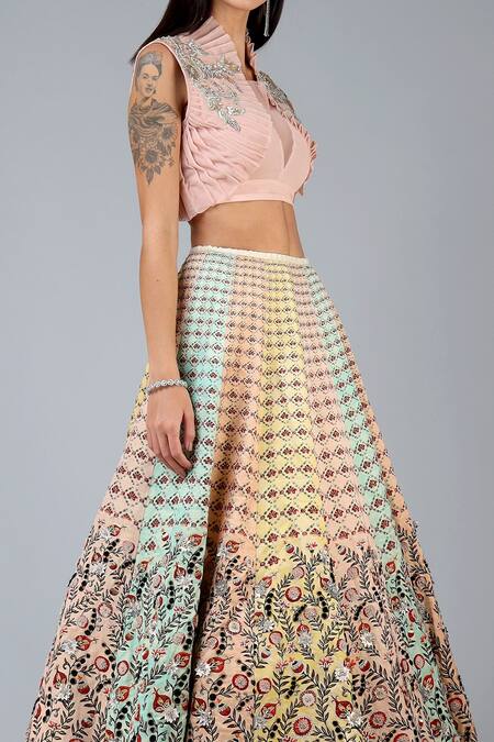 Buy Geisha Designs Peach Viscose Embroidery Sequin And Thread Round Lehenga Set Online at Aza Fashions Buy_Geisha Designs_Peach Viscose Embroidery Sequin And Thread Round Lehenga Set _Online_at_Aza_Fashions