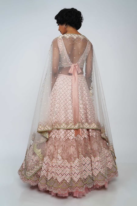 Shop Geisha Designs Pink V Neck Bella Embroidered Bridal Lehenga Set at Aza Fashions Shop_Geisha Designs_Pink V Neck Bella Embroidered Bridal Lehenga Set _at_Aza_Fashions