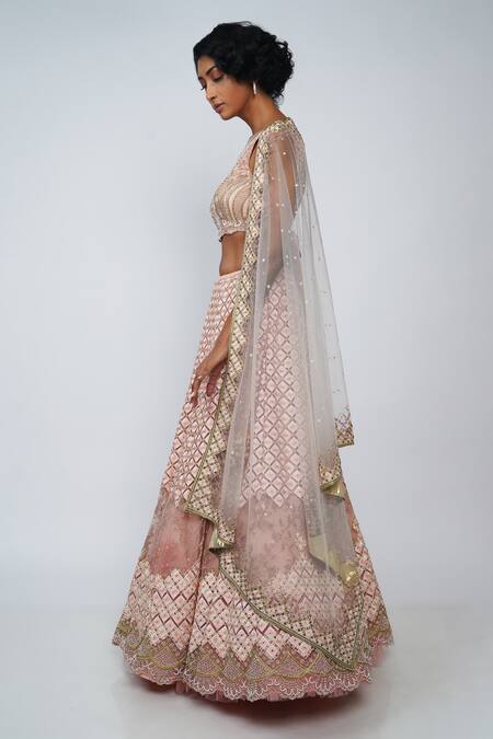 Geisha Designs Pink V Neck Bella Embroidered Bridal Lehenga Set Online at Aza Fashions Geisha Designs_Pink V Neck Bella Embroidered Bridal Lehenga Set _Online_at_Aza_Fashions
