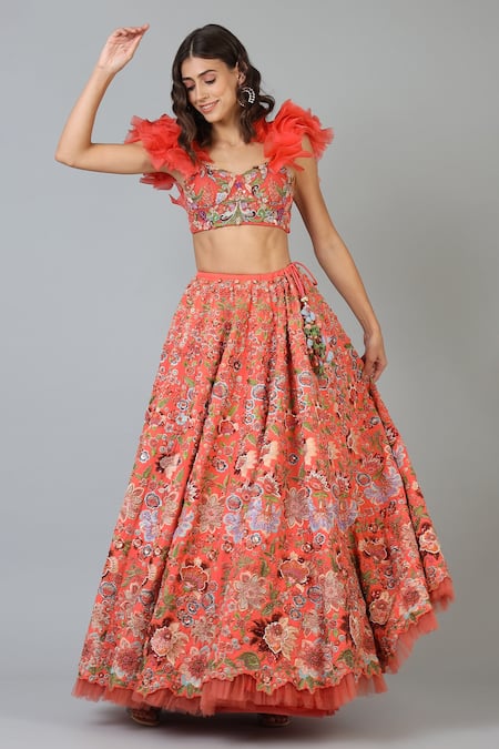 Geisha Designs Orange Viscose Embroidery Sequin And Thread Talia Floral Lehenga Set