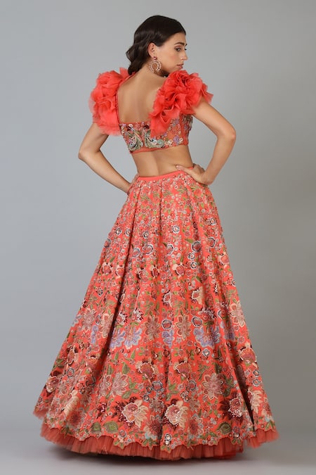 Shop Geisha Designs Orange Viscose Embroidery Sequin And Thread Talia Floral Lehenga Set at Aza Fashions Shop_Geisha Designs_Orange Viscose Embroidery Sequin And Thread Talia Floral Lehenga Set _at_Aza_Fashions