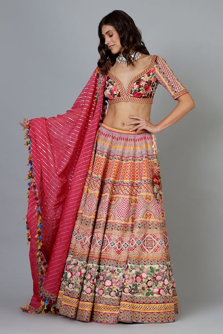 Geisha Designs Pink Blouse Viscose Lehenga Kasab Linen And Elena Floral Jacket Set
