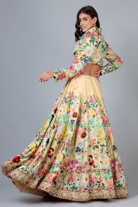 Shop Geisha Designs Beige Blouse Nylon And Rayon Print & Embroidery Maia Lehenga Set at Aza Fashions Shop_Geisha Designs_Beige Blouse Nylon And Rayon Print & Embroidery Maia Lehenga Set _at_Aza_Fashions
