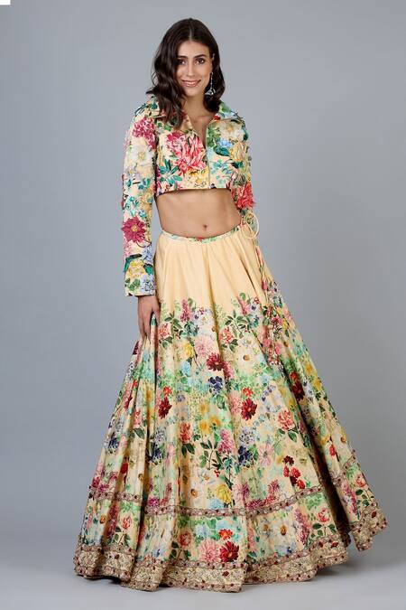 Geisha Designs Beige Blouse Nylon And Rayon Print & Embroidery Maia Lehenga Set Online at Aza Fashions Geisha Designs_Beige Blouse Nylon And Rayon Print & Embroidery Maia Lehenga Set _Online_at_Aza_Fashions