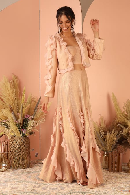 Geisha Designs_Pink Polyester Open Myra Ruffle Jacket And Skirt Set  _Online_at_Aza_Fashions