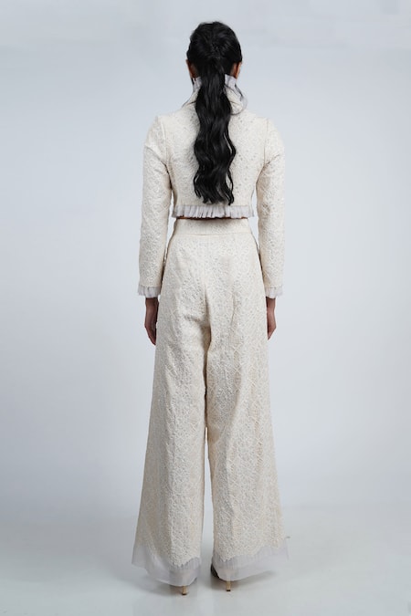 Shop Geisha Designs White Shawl Collar Cropped Jacket And Pant Set at Aza Fashions Shop_Geisha Designs_White Shawl Collar Cropped Jacket And Pant Set _at_Aza_Fashions