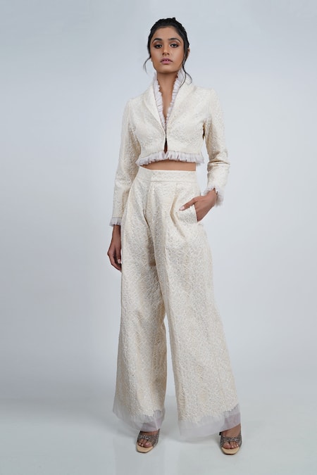 Buy Geisha Designs White Shawl Collar Cropped Jacket And Pant Set Online at Aza Fashions Buy_Geisha Designs_White Shawl Collar Cropped Jacket And Pant Set _Online_at_Aza_Fashions