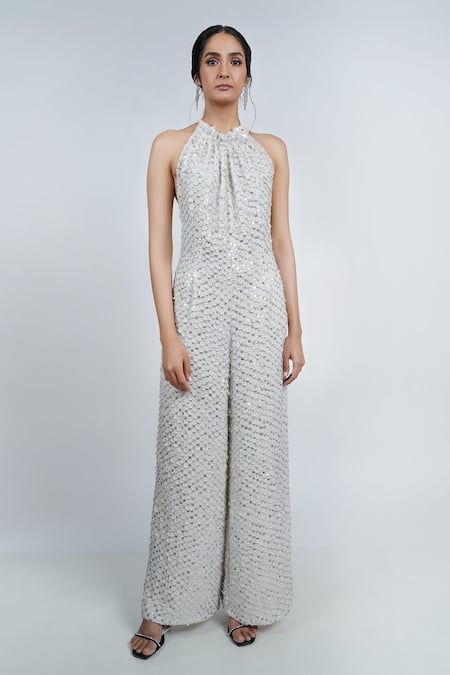 Geisha Designs White Halter Trinity Sequin Backless Jumpsuit