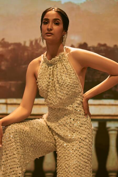 Buy Geisha Designs White Halter Trinity Sequin Backless Jumpsuit Online at Aza Fashions Buy_Geisha Designs_White Halter Trinity Sequin Backless Jumpsuit _Online_at_Aza_Fashions