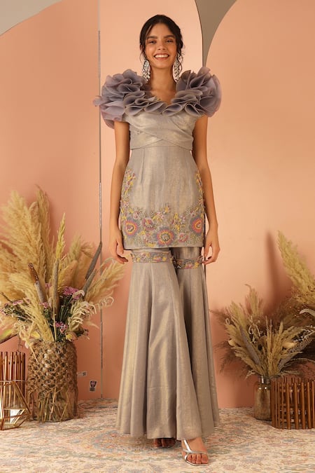 Geisha Designs Grey Sharara-polyester Embroidered Lara Ruffle Tunic And Sharara Set