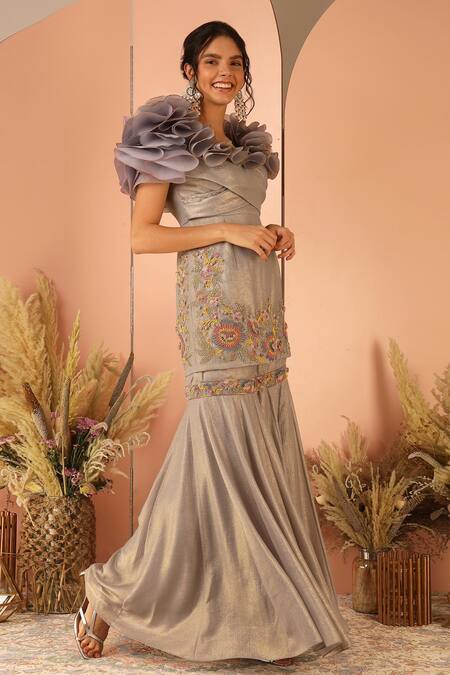 Geisha Designs_Grey Sharara-polyester Embroidered Lara Ruffle Tunic And Sharara Set  _Online_at_Aza_Fashions