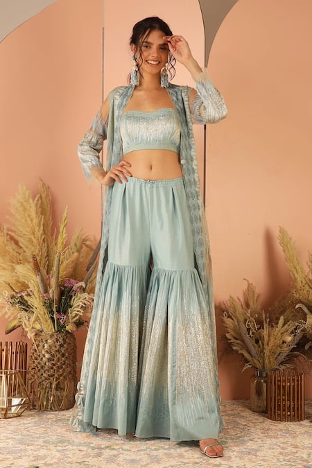 Geisha Designs Blue Jacket And Blouse-nylon Embroidered Roma & Flared Pant Set  