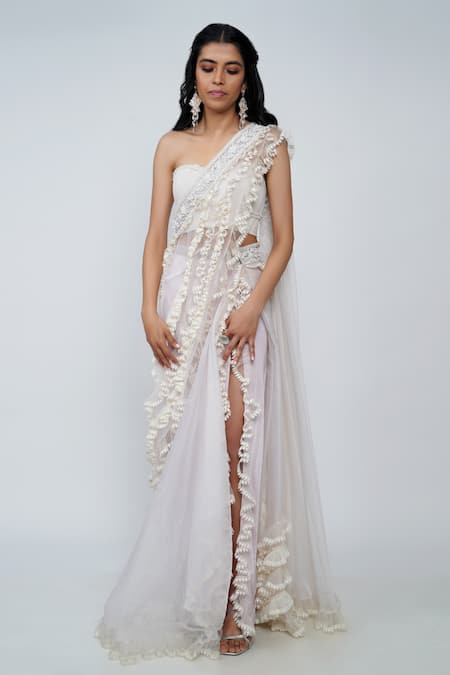 Geisha Designs_Purple Sweetheart Neck Fiona Pre-draped Saree With Blouse  _Online_at_Aza_Fashions