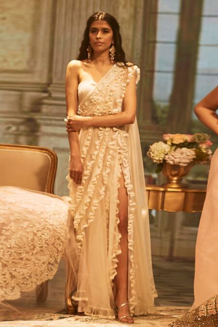 Shop_Geisha Designs_Purple Sweetheart Neck Fiona Pre-draped Saree With Blouse  _Online_at_Aza_Fashions