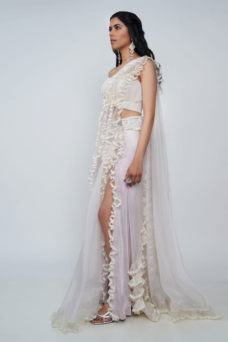 Buy_Geisha Designs_Purple Sweetheart Neck Fiona Pre-draped Saree With Blouse  _Online_at_Aza_Fashions