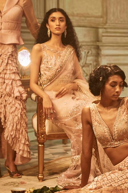 Shop Geisha Designs Pink Round Maria Embroidered Saree With Blouse Online at Aza Fashions Shop_Geisha Designs_Pink Round Maria Embroidered Saree With Blouse _Online_at_Aza_Fashions