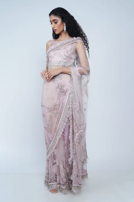 Geisha Designs Pink Round Maria Embroidered Saree With Blouse