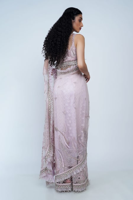 Shop Geisha Designs Pink Round Maria Embroidered Saree With Blouse at Aza Fashions Shop_Geisha Designs_Pink Round Maria Embroidered Saree With Blouse _at_Aza_Fashions