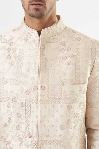 Kasbah_Ivory Silk Embroidery Floral Sherwani Set _Online_at_Aza_Fashions