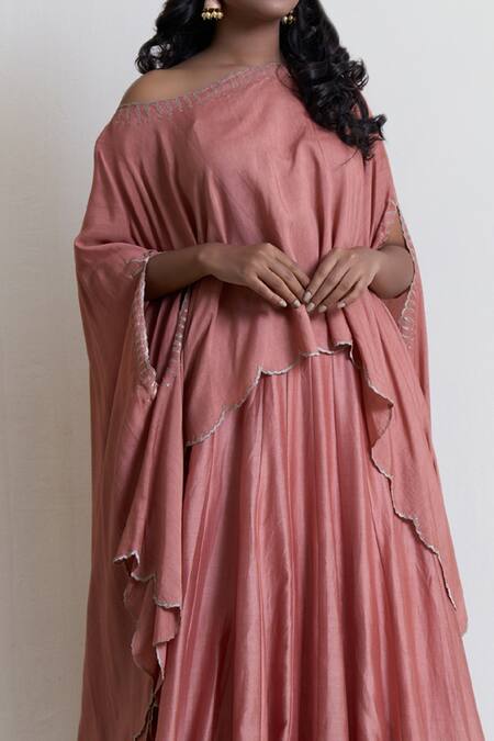 Shop_Brij_Pink Chanderi Silk Scalloped Cape And Lehenga Set _Online_at_Aza_Fashions