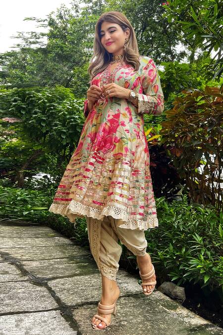 Shop Gopi Vaid Multi Color Anarkali Silk Dhoti Abstract Khushi And Pant Set at Aza Fashions Shop_Gopi Vaid_Multi Color Anarkali Silk Dhoti Abstract Khushi And Pant Set_at_Aza_Fashions