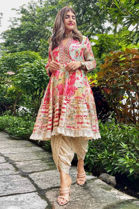 Gopi Vaid_Multi Color Anarkali Silk  Dhoti Abstract Khushi And Pant Set_Online_at_Aza_Fashions