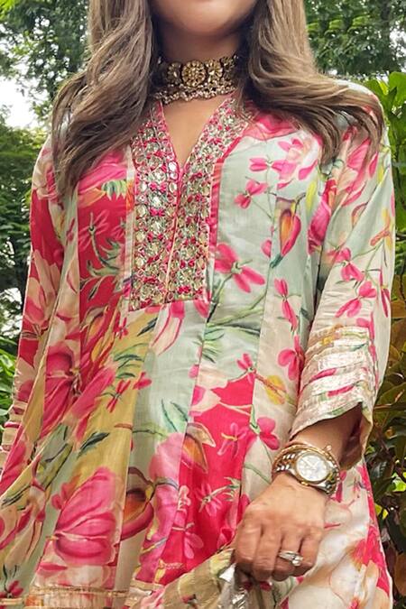 Shop Gopi Vaid Multi Color Anarkali Silk Dhoti Abstract Khushi And Pant Set Online at Aza Fashions Shop_Gopi Vaid_Multi Color Anarkali Silk Dhoti Abstract Khushi And Pant Set_Online_at_Aza_Fashions