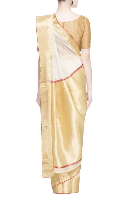 Shop_Prama By Pratima Pandey_Gold Kora Cotton Embroidered Resham Work Chanderi Silk Saree  _at_Aza_Fashions