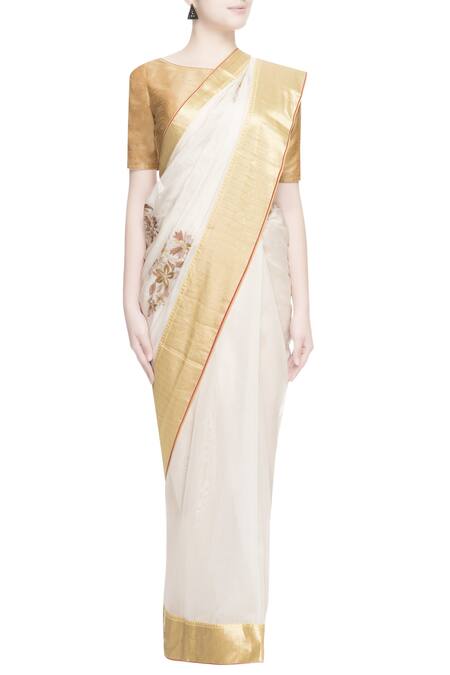 Prama By Pratima Pandey_Gold Kora Cotton Embroidered Resham Work Chanderi Silk Saree  _Online_at_Aza_Fashions