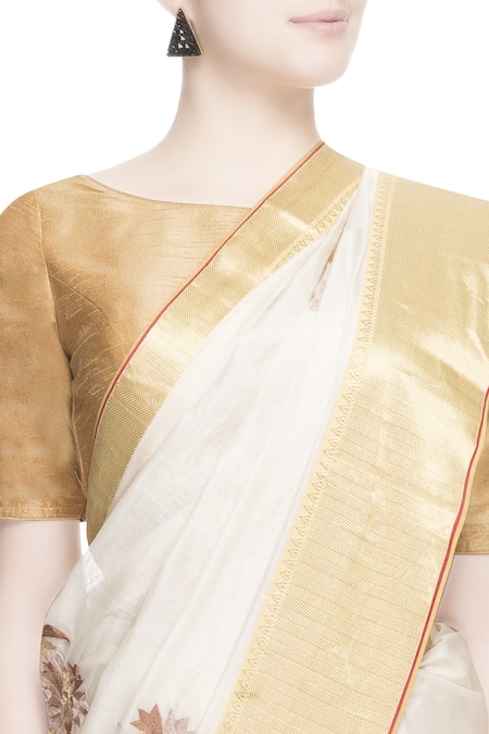 Buy_Prama By Pratima Pandey_Gold Kora Cotton Embroidered Resham Work Chanderi Silk Saree  _Online_at_Aza_Fashions