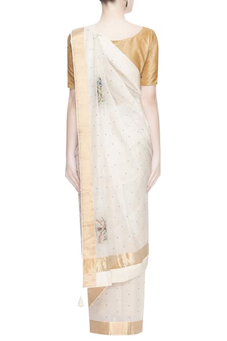 Shop_Prama By Pratima Pandey_Gold Kora Cotton Embroidered Thread Work Chanderi Silk Saree  _at_Aza_Fashions