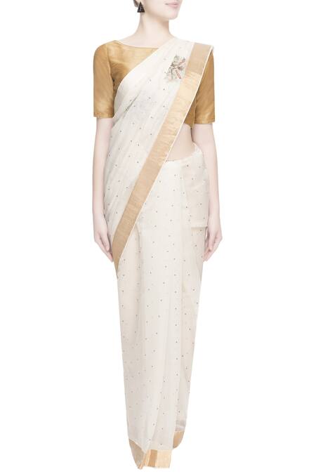 Prama By Pratima Pandey_Gold Kora Cotton Embroidered Thread Work Chanderi Silk Saree  _Online_at_Aza_Fashions