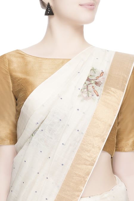 Buy_Prama By Pratima Pandey_Gold Kora Cotton Embroidered Thread Work Chanderi Silk Saree  _Online_at_Aza_Fashions