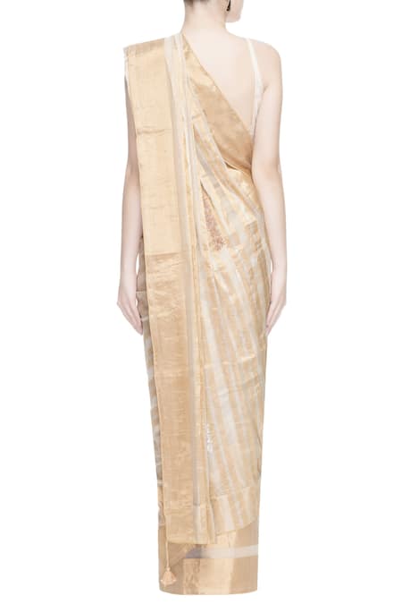 Shop_PRAMA BY PRATIMA PANDEY_Gold Kora Cotton Embroidered Resham Work Chanderi Silk Striped Saree  _at_Aza_Fashions