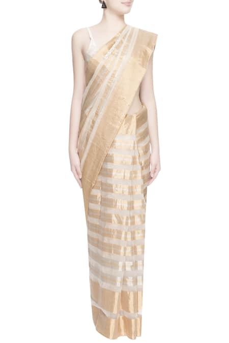 PRAMA BY PRATIMA PANDEY_Gold Kora Cotton Embroidered Resham Work Chanderi Silk Striped Saree  _Online_at_Aza_Fashions