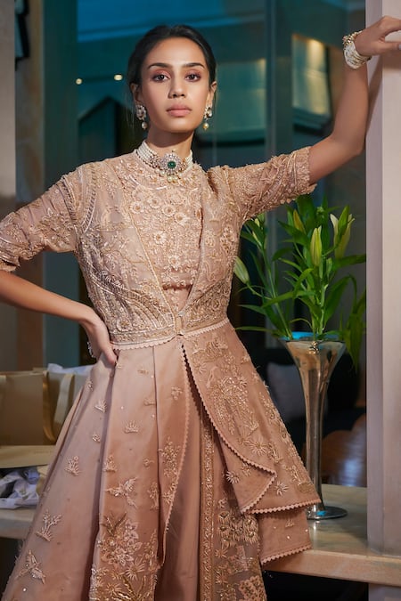 Sahil Kochhar_Beige Silk Organza Sharara Crepe Round Jacket And Set _Online_at_Aza_Fashions